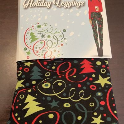 Holiday Leggings Christmas Tree & Tinsel Black Red Green Sz Large